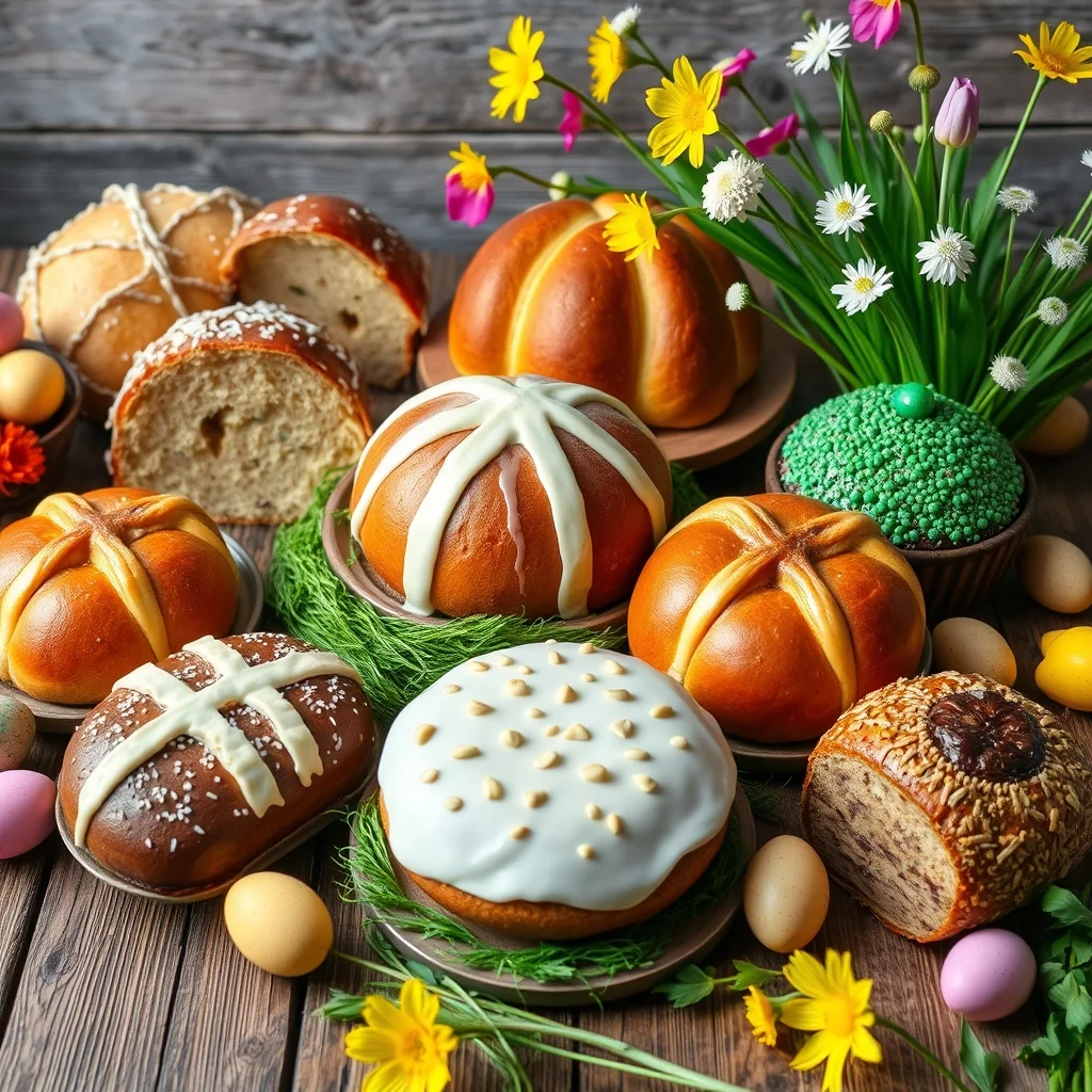 다채로운 유럽 부활절 케이크 (콜롬바 파스콸레, 핫 크로스 번, 쿨리치 등)가 화려한 부활절 달걀, 봄꽃과 함께 놓여있는 모습 - Flux on Cloudflare AI 생성 이미지