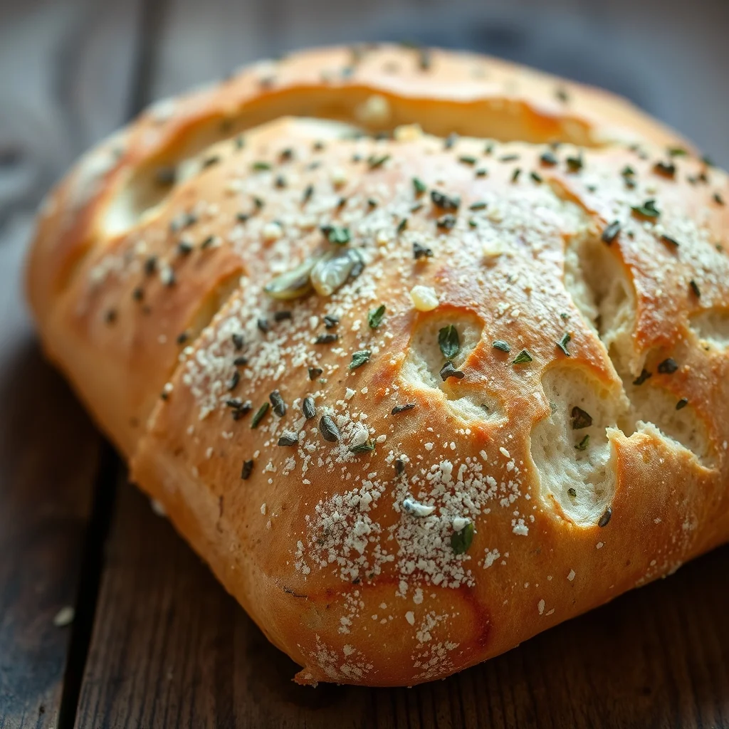 French baguette on a wooden surface with herbs and garlic, rustic style