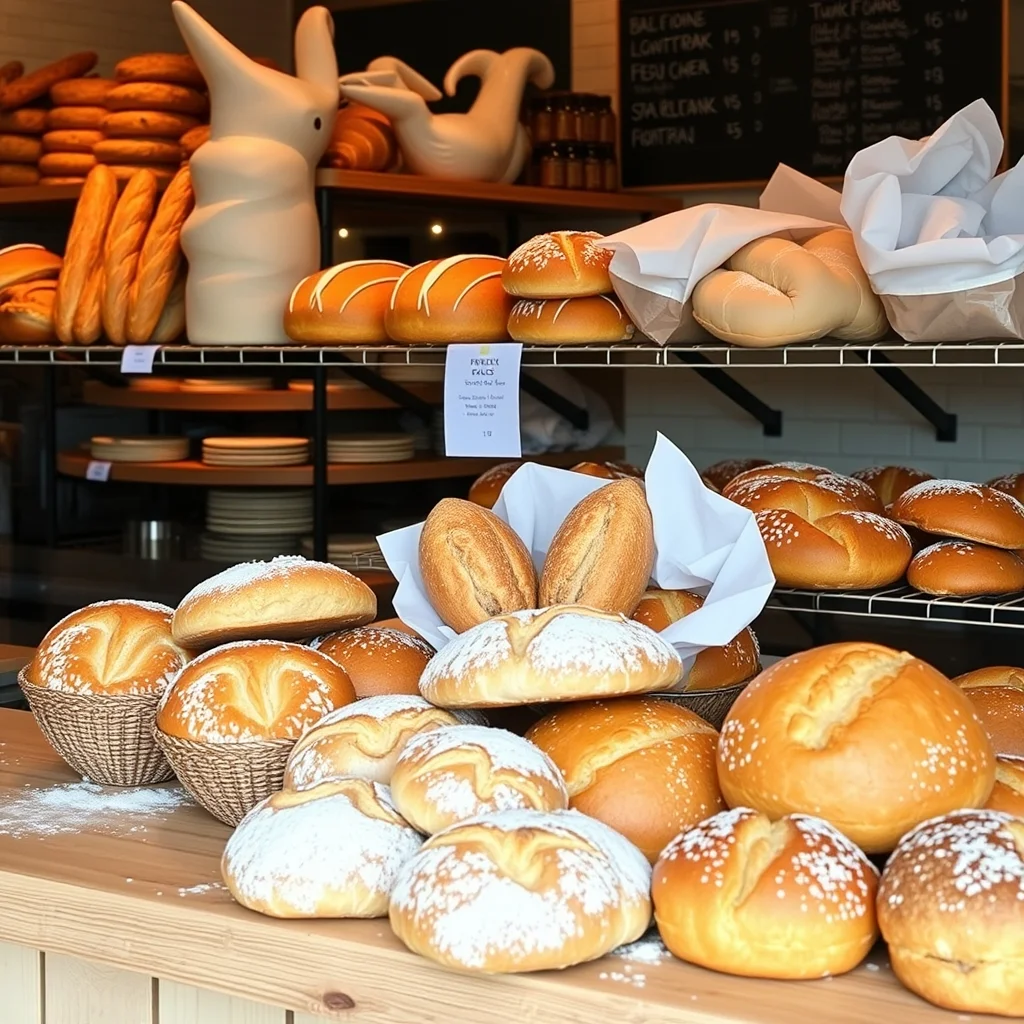 French bakery with variety of breads and pastries, flour