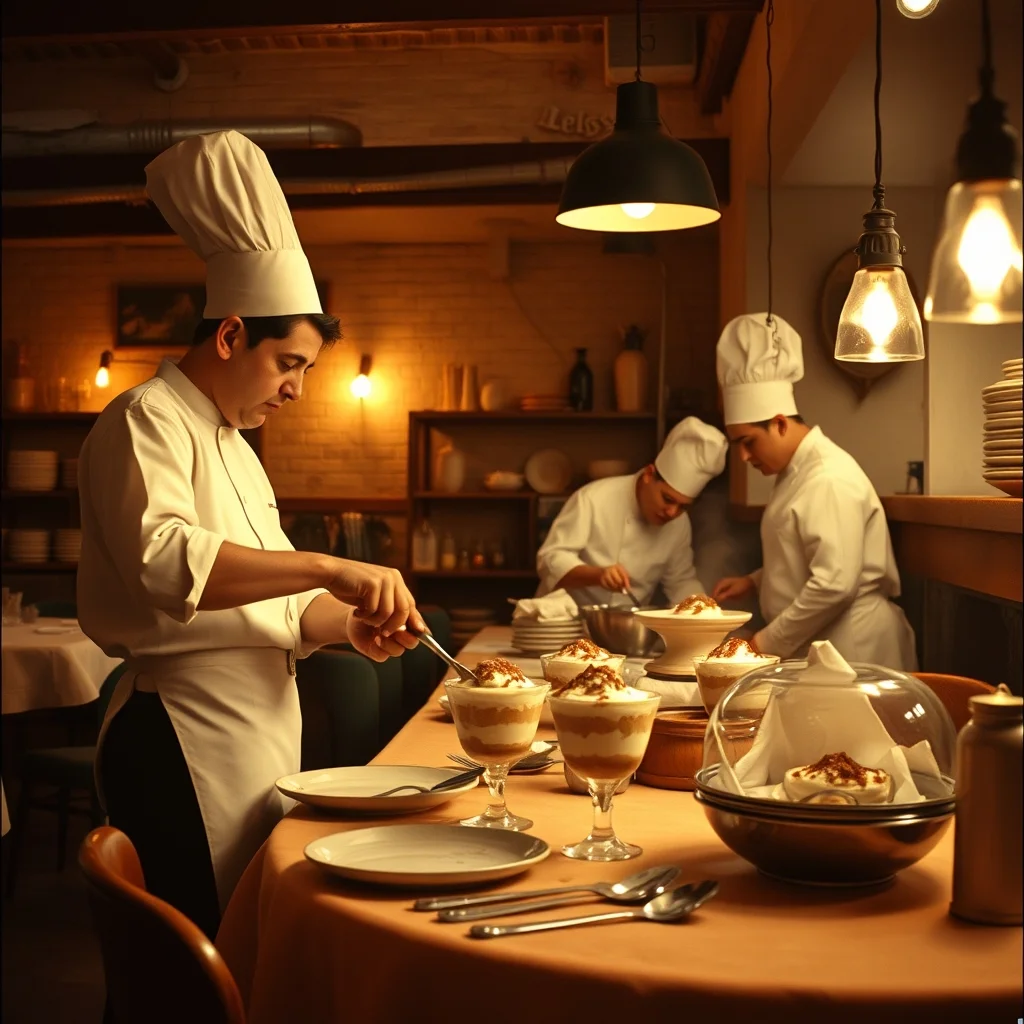 Italian vintage 1960s restaurant with chefs making tiramisu