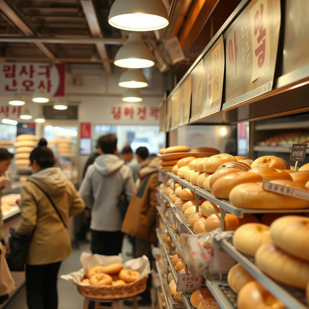 Korean bread pilgrimage, people visiting famous bakery, variety of breads